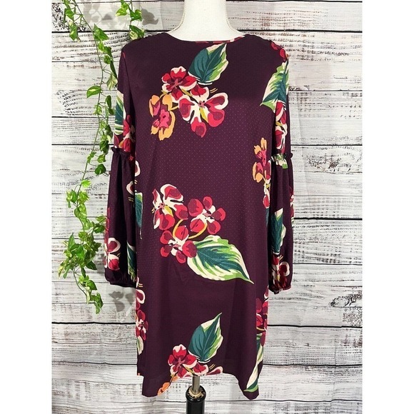 Ann Taylor Loft Tunic Dress Small Burgundy Green Floral Tropical Wedding Church - Picture 1 of 9